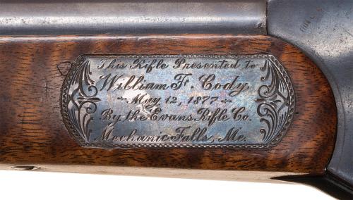 Evans lever action rifle inscribed to Buffalo Bill Cody, May 12, 1877.Estimated Value: $75,000 - $12