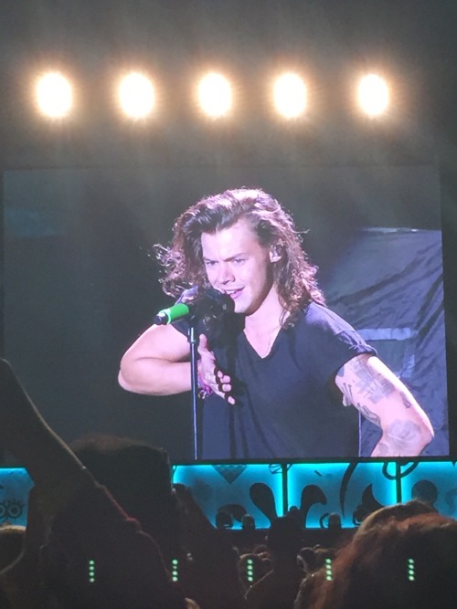 feministmaddie:  Harry making fun of a fan who was holding her boobs and readjusting herself!  08-27-15 otra Cleveland, Ohio