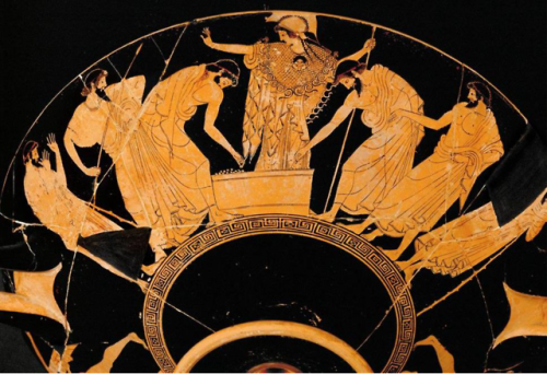 Kylix exterior by Douris Painter, Athena presiding over the drawing of lots for armor of Achilles, A