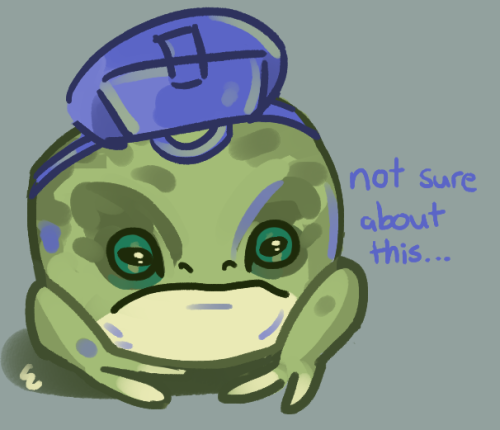 accessible-d20:cloudmancy:boggy the froggy [ID: two drawings of boggy, a very round green frog 