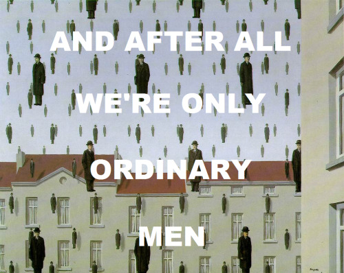 pinkfloydart:  Us and Them - Pink Floyd // Golconda - René Magritte 