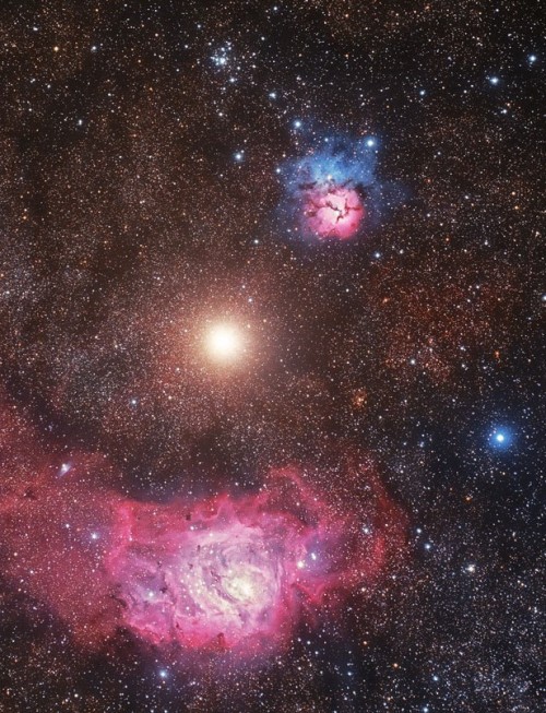 the-wolf-and-moon:Mars With The Lagoon and Trifid Nebulae