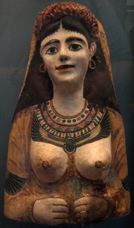 Painted plaster cartonnage mask of a woman, from the Roman Period, circa 100-120 A.D.