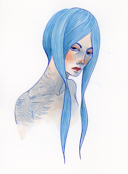 reneenault:Sketch girl, blue pen and pencils.