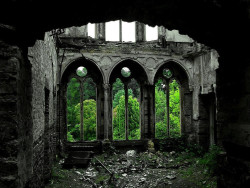 hellray:  nprfreshair:  The Gothic and vibrant leafy green compliment each other nicely.   Hafodunos Hall in Llangernyw, North Wales via imgur  I want to be in this place. 