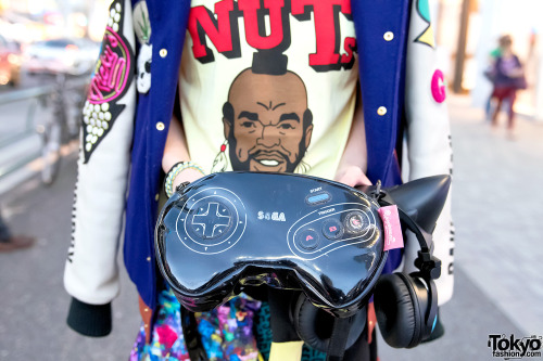 tokyo-fashion:Asachill on the street in Harajuku wearing a Joyrich jacket over a Mr. T x Kiks TYO t-