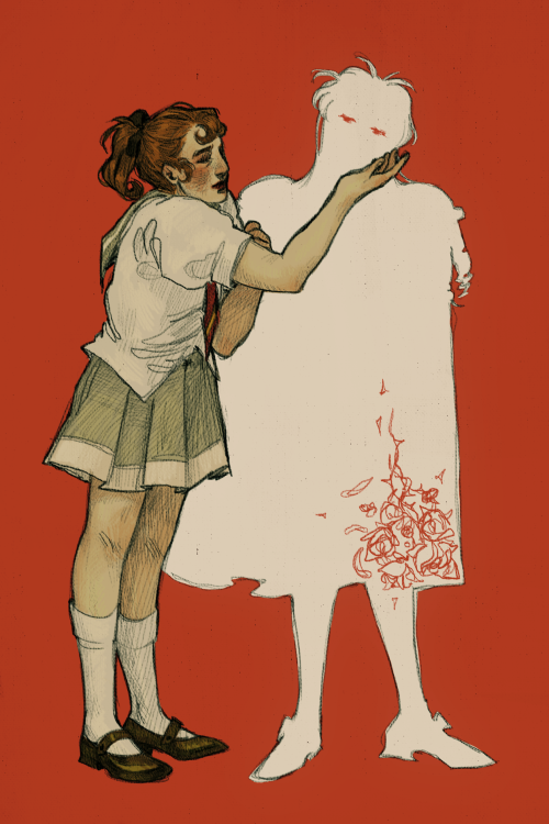 A digital drawing of Wakaba Shinohara and Utena Tenjou, done in warm colors against a bright red background. Wakaba leans slightly forward, face caring and worried, one hand curled up uncertainly at her chest as the other reaches to cup Utena’s face. Utena is a bright cape-wearing silhouette, details and features invisible other than a design of a tangle of roses within one corner of the cloak and her eyes, downcast, unseeing.