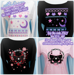 starchaserclothing: Kawaii Krampus and the Ugly Sweater are back (which, in retrospect, sounds like a band name…)!  Tees are available in S-5X as per usual in tons of colors and wide neck sweats go up to 2X. You can also save 10% off any order with