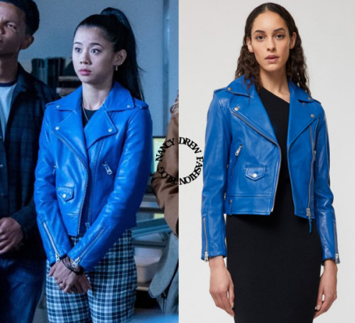 Who: Leah Lewis as George FanWhat: Mackage BAYA Leather Crop Biker Jacket in Blue - $890.00. An