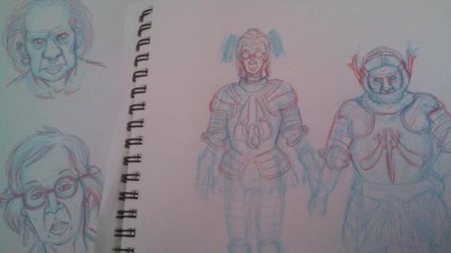 Some photos of my design and pencilling process for my piece about old lesbian soldiers for the 1001