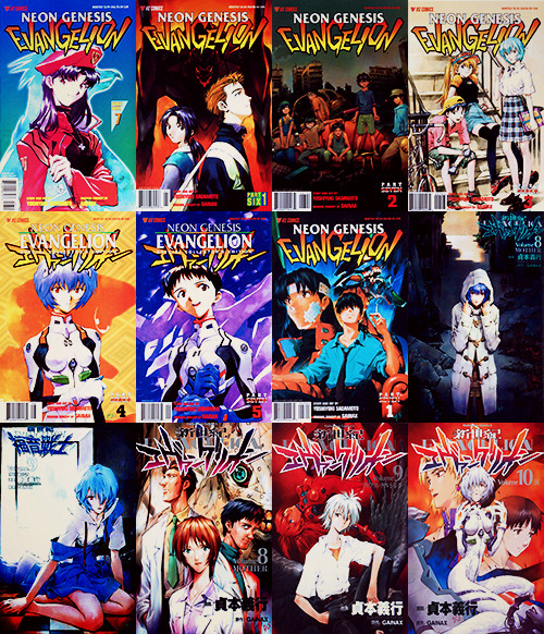 qmisato:  Yoshiyuki Sadamoto's Evangelion volume illustrations (1995 - 2014)  Seeing as the final volume of Neon Genesis Evangelion’s manga is right around the corner, I thought I would compile a photoset of Sadamoto’s many volume and chapter covers.