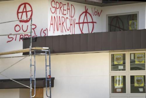 Anarchist graffiti seen around Downtown Boulder, Colorado