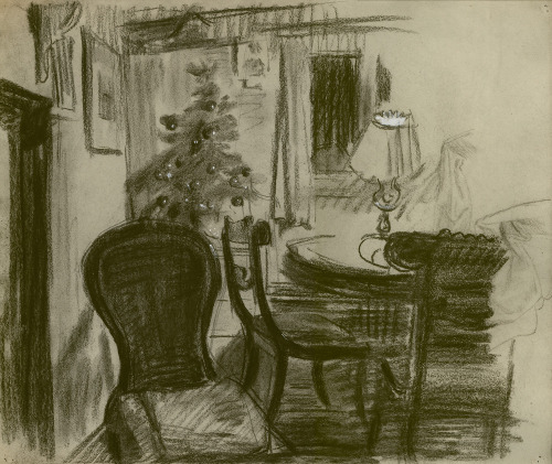 huariqueje:  Sitting room with Christmas Tree at Oak Cottege   -  Charles Mahoney, c. 1950British 1903-1968Charcoal with white highlights on grey paper,39.3 x 47 cm.