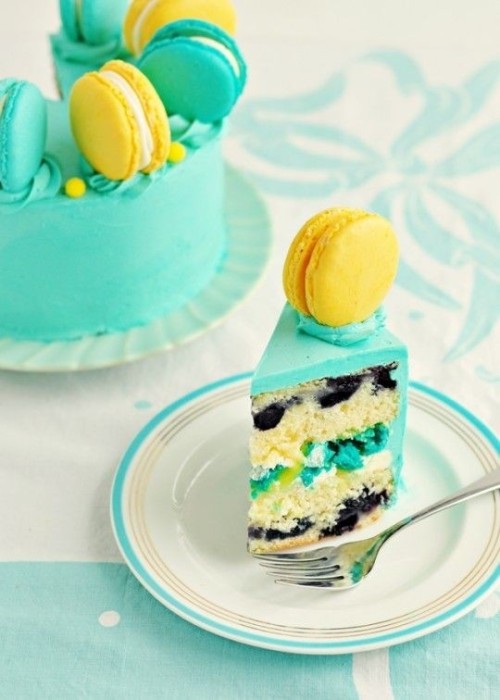 Lemon Blueberry Pastel Macaron Cake, Macaron Cake Decorations, Colorful Macarons, Mint Birthday Cake