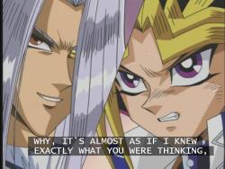 this-wreckage:  thewittyphantom:  So epic.  My all-time favorite line from Pegasus in the dub (after interrupting Yugi/Yami’s thoughts): “I’m sorry, were you having a conversation with yourself?”