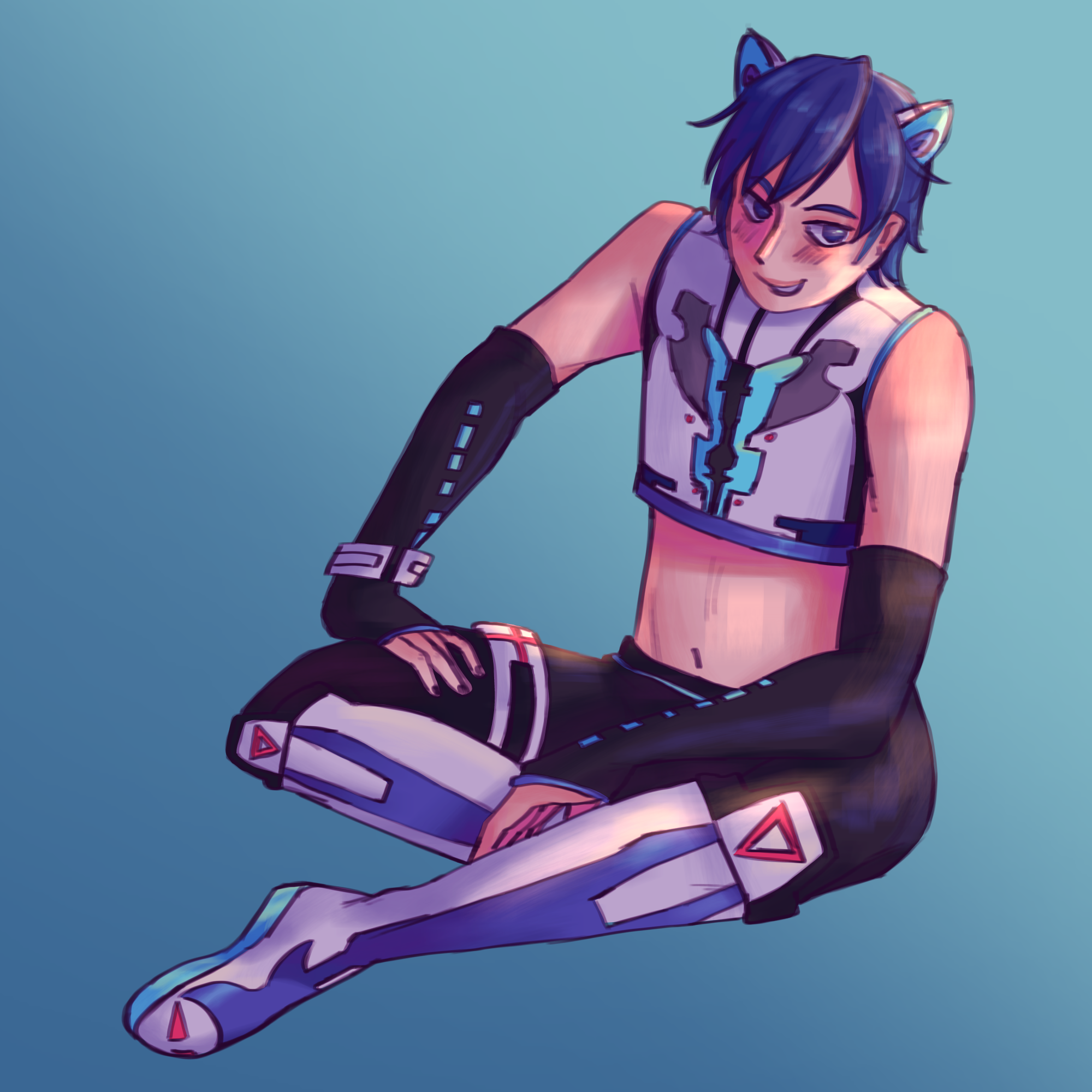 ditital drawing of kaito vocaloid's cyber cat module. he sits and smiles at the viewer