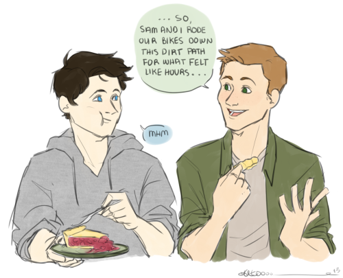 katotroniik:  this is a scene from the current part of my au fic that i’m working on dean comes over to help cas with his car, then stays for dinner (and has pie) 