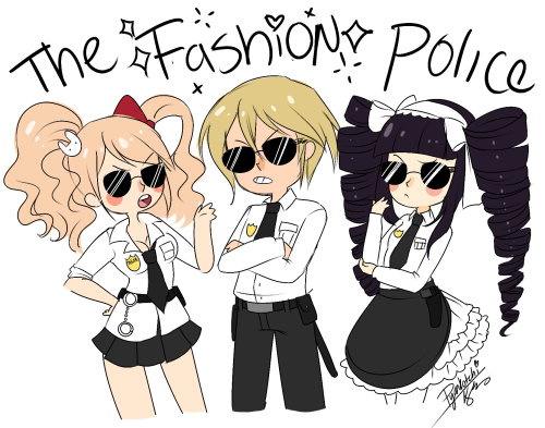 pyonkotchi-moved:dangan ronpa au where Togami, Junko and Celes are the fashion police and they walk 