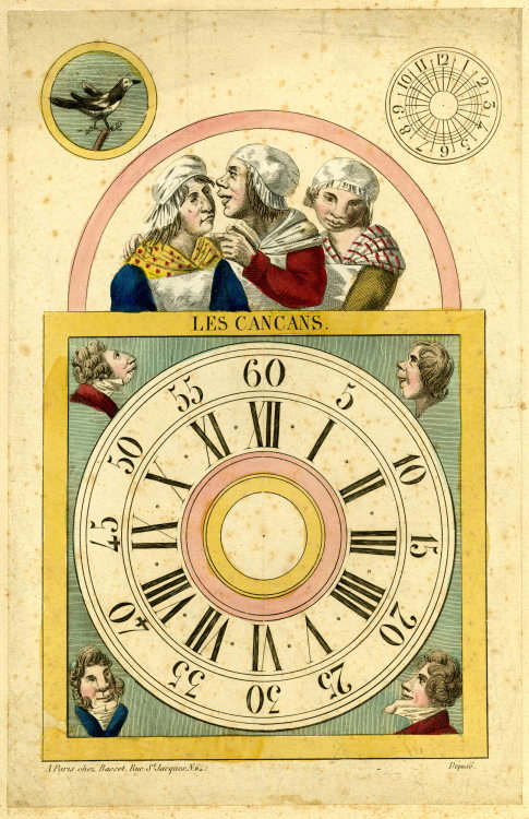 Les Cancans = The Gossipsca. 1810s–20sColored print of a clock face (hand-colored engraving)Printed: