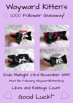 waywardkittenshop:  WAYWARD KITTEN SHOP’S SECOND GIVEAWAY!~~ There will be two winners, whom will be picked randomly after the giveaway ends!~  Win one of two ofnour ‘deluxe chokers’ (like in the images shown) or have one custom made for you! (this