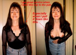 My name is Carolyn and I&rsquo;m an exhibitionist housewife in Toronto. This top I&rsquo;m wearing in this pic is great, because not only are my tits clearly visible in it, but the design of it makes it very quick and easy for me to whip out my tits.