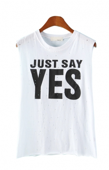 6ksfashion:  Letters Printing White O-neck Holed Cotton Vest6ks.com