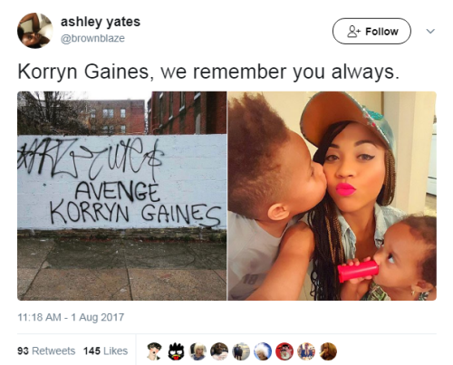 nevaehtyler:  On this day last year 23-year-old Korryn Gaines was killed by Baltimore County police and her 5-year-old son was shot in the limb. She was wanted for a traffic violation, but apparently a SWAT team thought she was way too dangerous for them