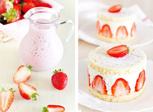 cutedessert: -kokoro: Strawberry milkshake &amp; Strawberry minicake ( by  pozhidaeva)