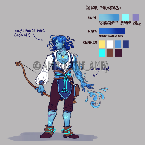 Small art dump of my water genasi DMPC in a D&D game I run, Svend aka “Newt” :)