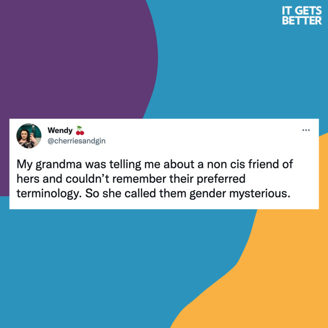 Screenshot of a Tweet that reads, "My grandma was telling me about a non cis friend of hers and couldn't remember their preferred terminology. So she called them gender mysterious."