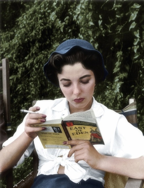 oldhollywood-mylove:Joan Collins reads “East of Eden” on the set of Island in the Sun (1957)