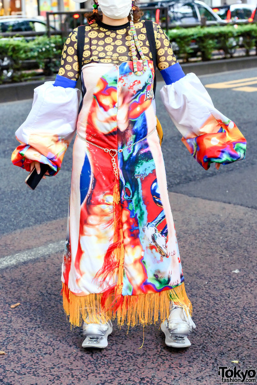 Japanese fashion designer/student Sakuran on the street in Harajuku wearing colorful handmade fashio