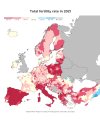 Total fertility rate (average number of children per woman) in 2021 by region in Europe.
The sustainable fertility rate is typically 2 or higher.
by milos_agathon