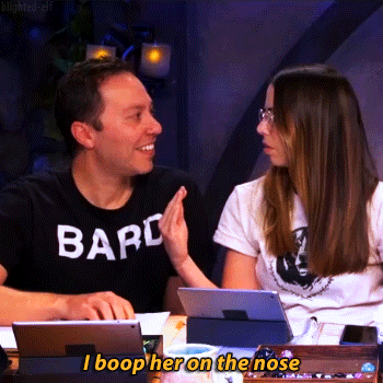 i-mean-nevermind:[ID: Two GIFs of Sam Riegel and Laura Bailey from episode 75 of Critical Role. The 