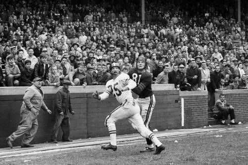 Baltimore Colts defensive back Don Shula (25) looks to defend against a pass to Chicago Bears wide r