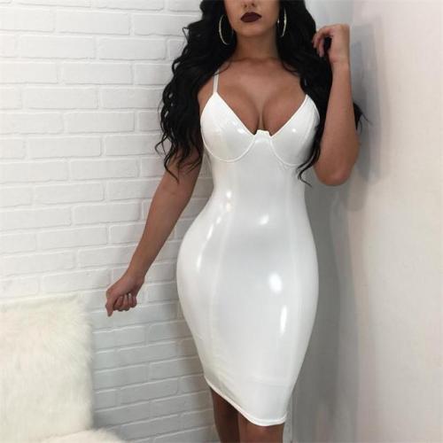 White Low-cut Halter PU Leather Bodycon Midi Dress