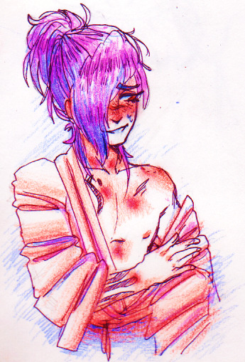 nohomoujaku:  ALRIGHTY LAST ONE BEFORE BED„ so i busted out ye ol sketchbook, prisma colors and fancy ink pens the other day to draw some kouaos (strange and unexpected i know) ta daaa„, soRRY ABOUT GROSS SLIGHT NSFW„„„, oh and there’re captions