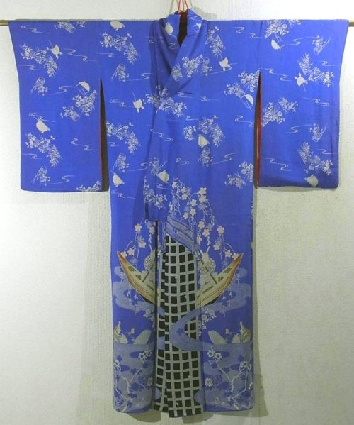 Amazing sanpo style vintage kimono, depicting Kachi-kachi Yama (Fire-Crackle Mountain tale) where a 