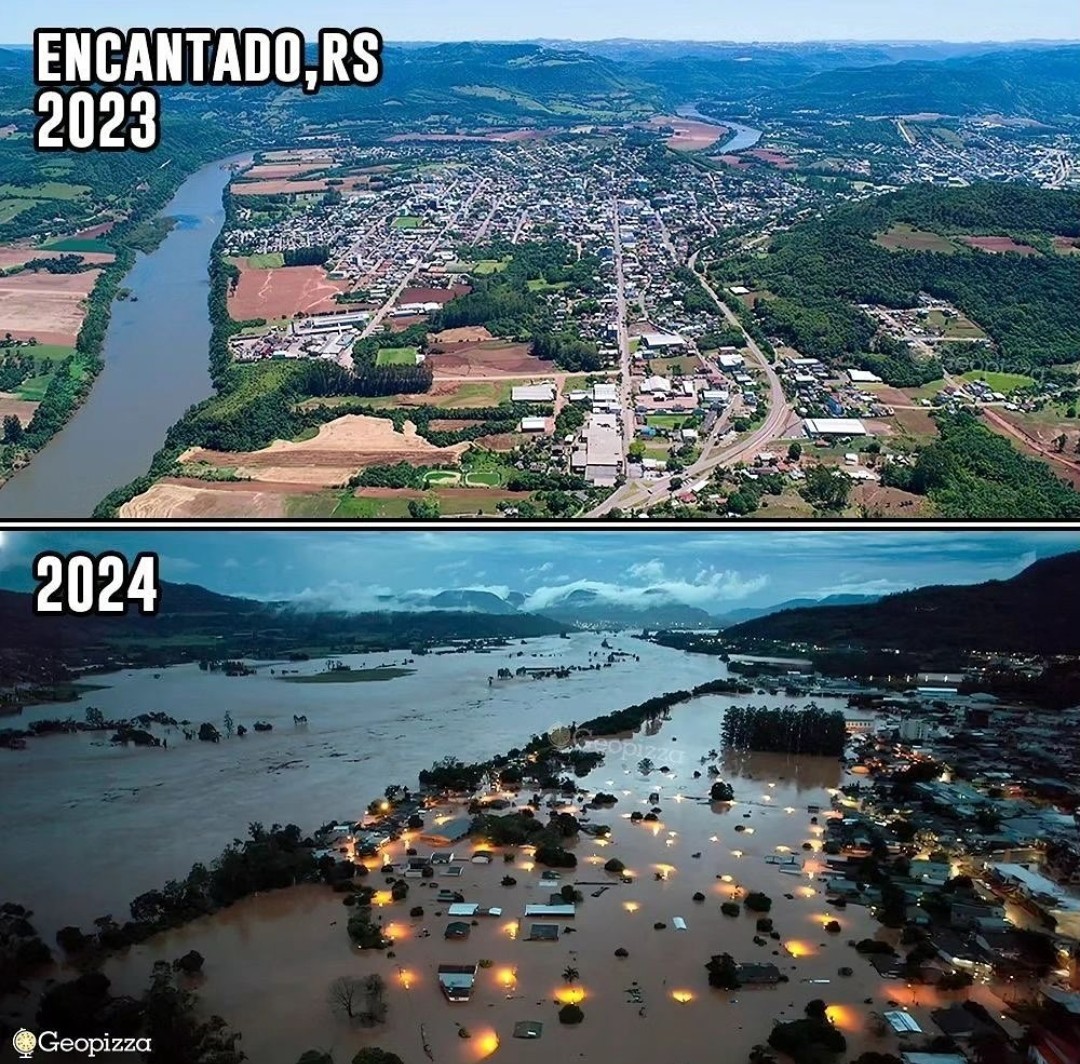 Before and after pictures of the city of Encantado, Rio Grande do Sul, in southern Brazil. The before picture shows an aerial view of the city and the nearby river. The after picture shows the river severely overflown and the part of the city located near the shore almost completely submerged in muddy water.