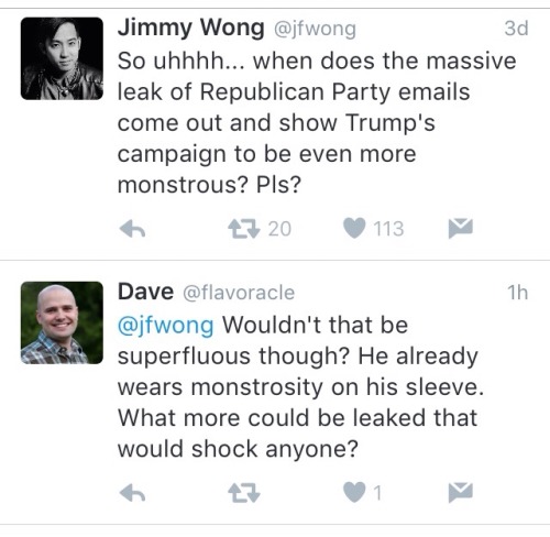 I generally avoid discussing politics on my blog, but I had this little exchange with Jimmy Wong on 