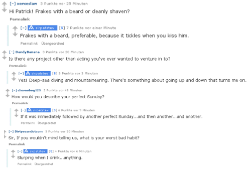 fuckyeahsirpatrickstewart:  Best of Sir Patrick’s Reddit AMA (8/20/15, x, x)