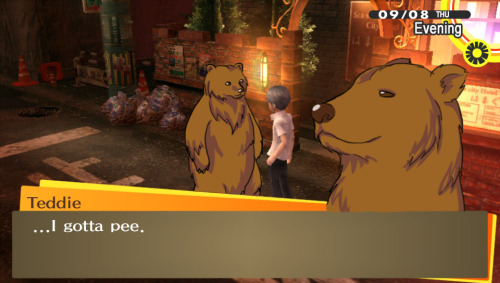 phantomdoodler:Day SixAU where everything is exactly the same except Teddie is a realistic bear and 