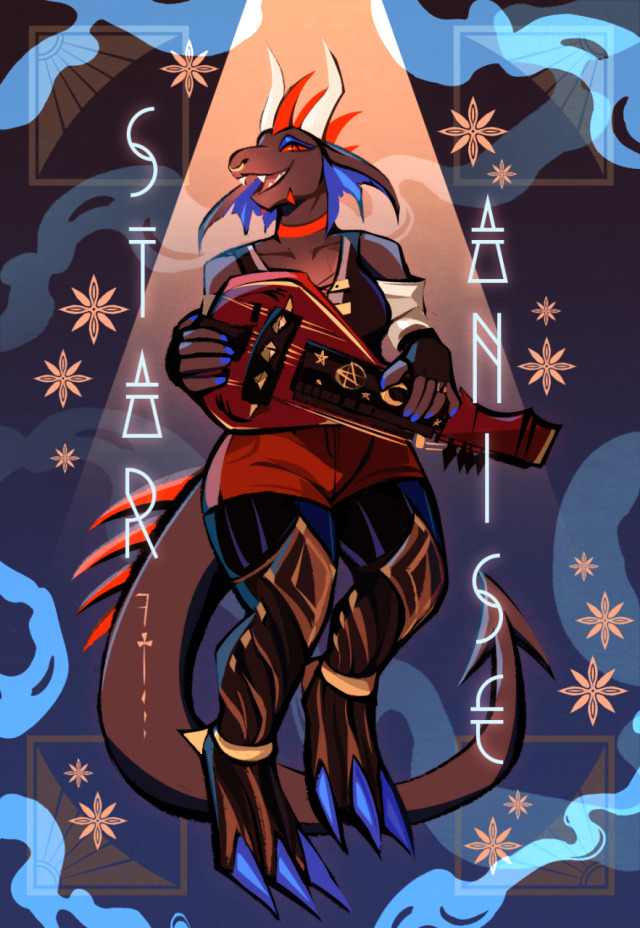 A full body portrait of Star-Anise, a stout and voluptuous anthro dragonborn lady bard. She is smiling/singing with half-lidded eyes, and holding up a hurdy gurdy. She has dark copper skin, blue earfins and eyeliner, red eyes, and a mohawk of red spikes. She is wearing short red shorts and barmaid-style tie-up leather vest, with white off-shoulder sleeves and black fingerless gloves. Her thick legs are made of wood, with gold metal accents. The background has blue wisps, twinkling stars in the shape of star anise pods, a spotlight over her head, and in front is her name STAR ANISE in abstract art-deco font.