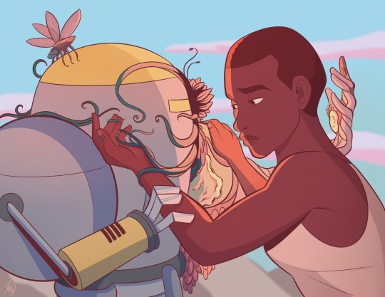Fanart depicting Azi and Levi from the animated sci-fi show Scavengers Reign: A young Black woman with short hair and a round-featured robot with tendrils of biological matter coming out of its body.) 