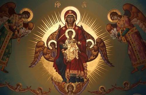 i-saw-a-man-coming: An Icon of Christ sat on the lap of His mother, Theotokos Mary, surrounded by th