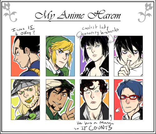 i did the thing actually this is more like my history of anime/manga/games harem because i only have one husbando right now (3 if sherlock counts but tbh i’m stretching it so i don’t have to pick which naruto character i liked best when i