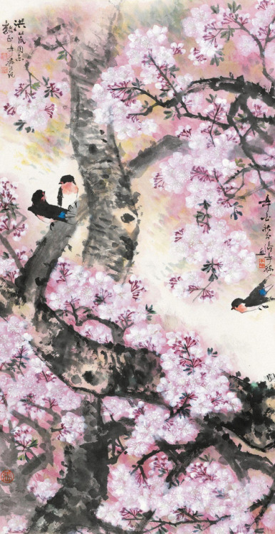 changan-moon:Spring blossom and swallow by 张辛稼 Zhang Xinjia