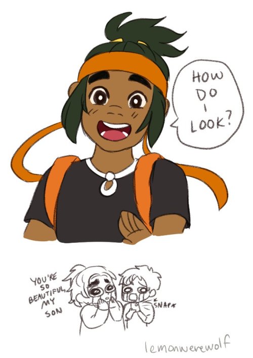 lemonorangelime:    I can’t stop drawing Pokemon crossovers.  Hau with his dads, Hunk and Lance.  