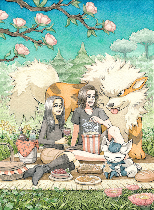 A couple enjoy their lovely picnic with their Pokemon, Arcanine and Meowstic! This was a commission 