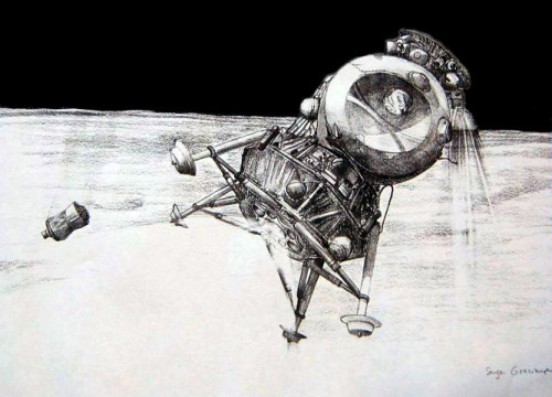 for-all-mankind:spacewatching:Russian landing on the moon.  All drawn by Serge GracieuxBeautif